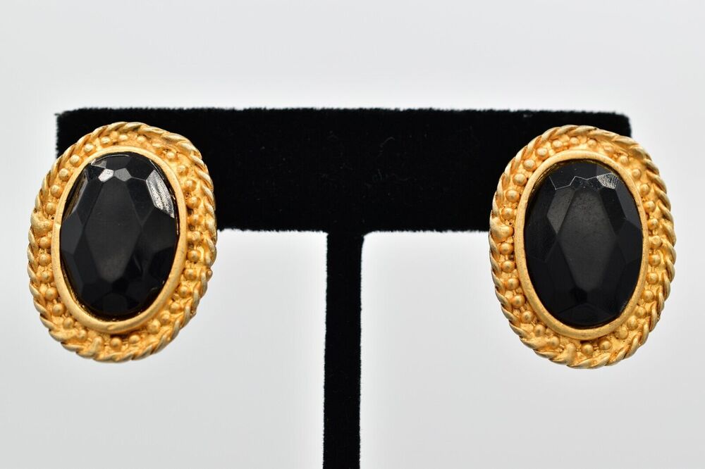 Vintage Crystal Clip On Earrings Black Oval Brushed Gold Matte Retro 1980s BinAI